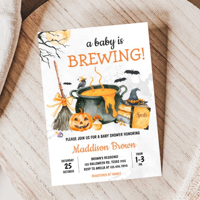 Invitation Un bébé brasse le Baby shower Citrouille d'Hallowe (A Baby is Brewing Witch Pumpkin Halloween Baby Shower Invitation)