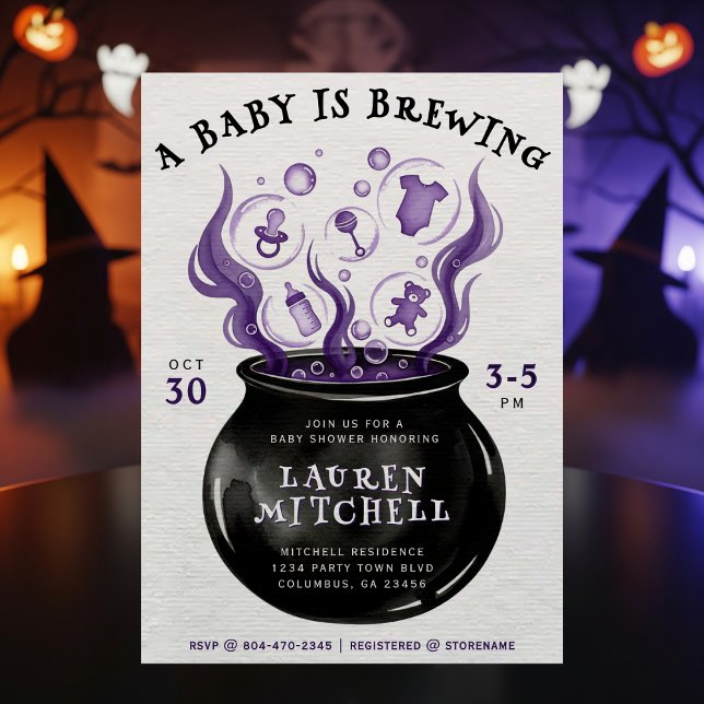 Invitation Un bébé brasse le Baby shower d'Halloween Cauldron (A Baby is Brewing Witch Cauldron Gothic Halloween Baby Shower Invitation
)