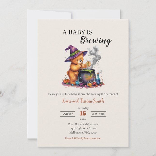 Invitation Un bébé brasse l'Halloween Teddy Bear & Cauldron (Devant)