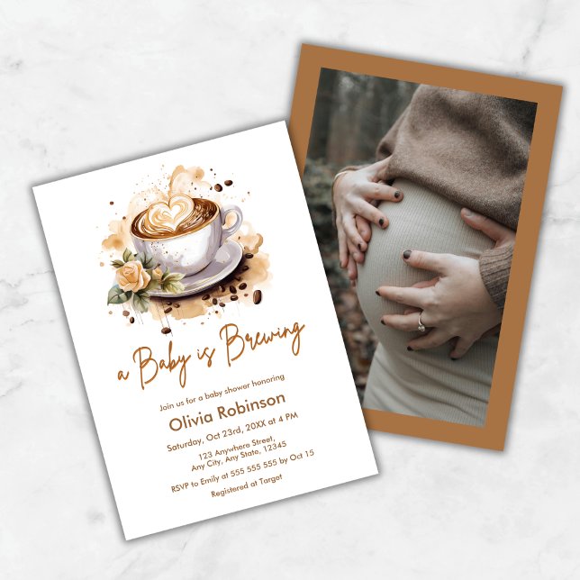 Invitation Un bébé brasse Photo Baby shower café Brown (A Baby is Brewing Photo Brown Coffee Baby Shower Invitation )