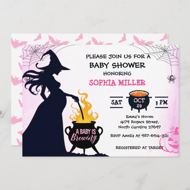 Invitation Un bébé brasse un Baby shower de sorcière d'Hallow (Devant / Derrière)