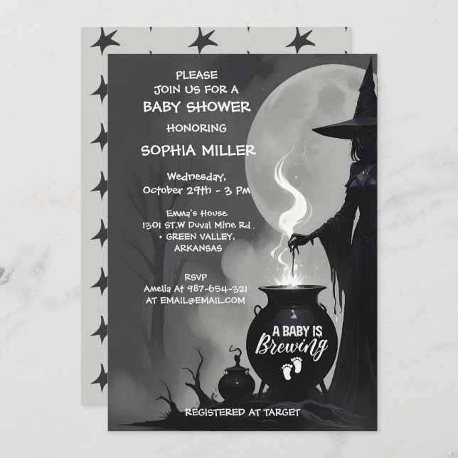 Invitation Un bébé brasse un Baby shower de sorcière d'Hallow (Devant / Derrière)