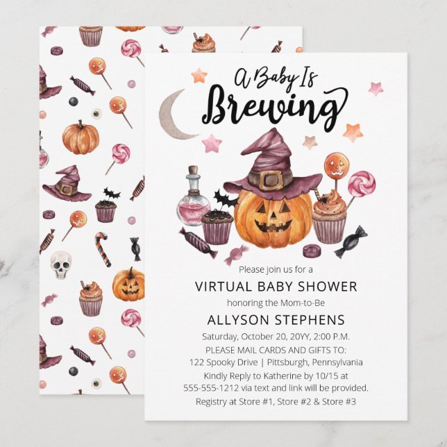 Invitation Un bébé brasse une douche virtuelle Halloween (Devant / Derrière)