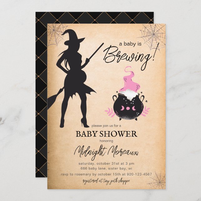Invitation Un bébé brasse une sorcière Baby shower d'Hallowee (Devant / Derrière)