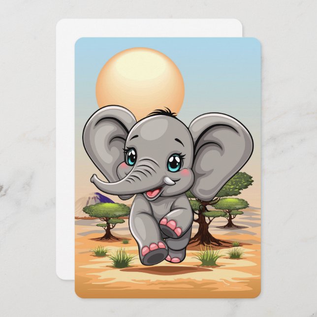 Invitation Un bébé éléphant qui sonne heureux dans la savane  (Devant / Derrière)