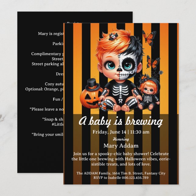 Invitation Un bébé est en préparation, Baby Shower Halloween  (Devant / Derrière)