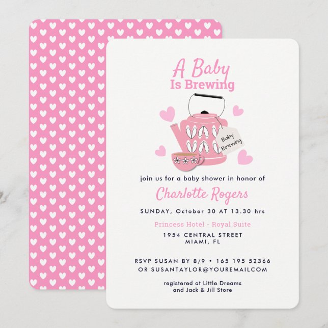 Invitation Un bébé est en train de brasser rose bébé fille do (Devant / Derrière)