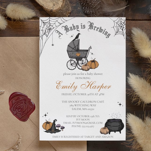 Invitation Un bébé est en train de brasser un Baby shower non (Gothic Halloween Baby Shower Invitation. Hand Drawn Vintage Baby Carriage, Raven, Witch Hat, Pumpkin)