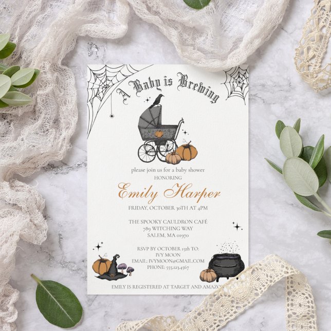 Invitation Un bébé est en train de brasser un Baby shower non (Elegant and Spooky Hand-Drawn Victorian Baby Carriage Custom Baby Shower Invite in a Crispy White)