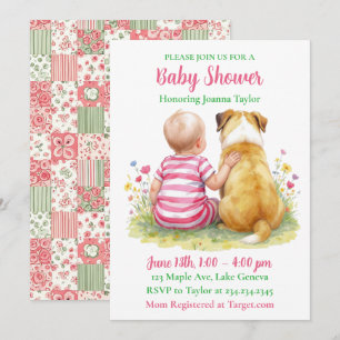 Invitation Un bébé et son chien Baby Shower Rose pour Fille