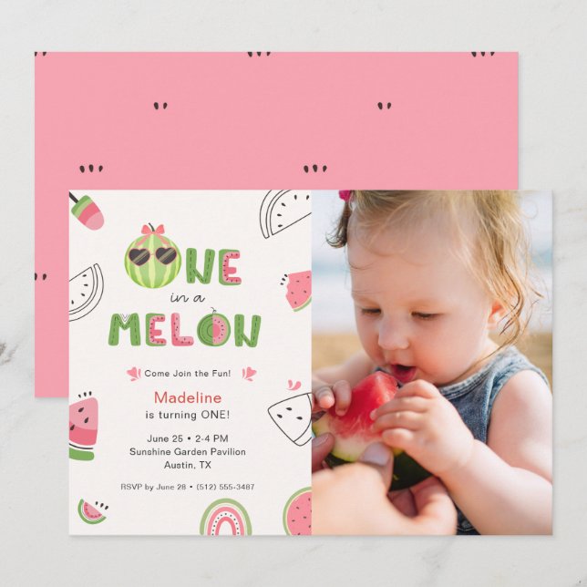 Invitation Un bébé fille melon pour une photo de premier anni (Devant / Derrière)