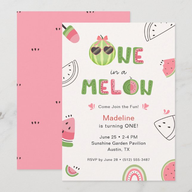 Invitation Un bébé fille pour un melon pastèque Premier anniv (Devant / Derrière)
