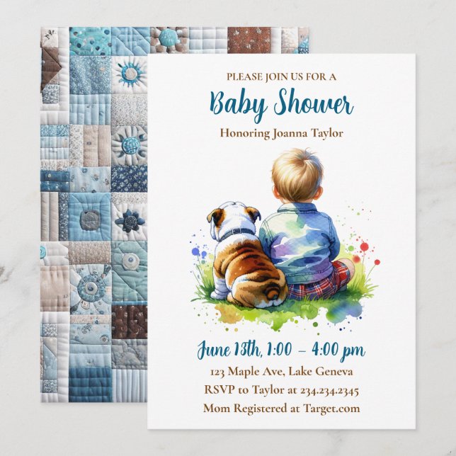 Invitation Un bébé garçon et son bouledogue anglais | Baby Sh (Devant / Derrière)