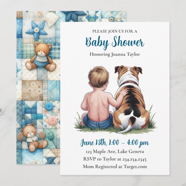 Invitation Un bébé garçon et son Bouledogue | Baby-Shower Ble (Devant / Derrière)