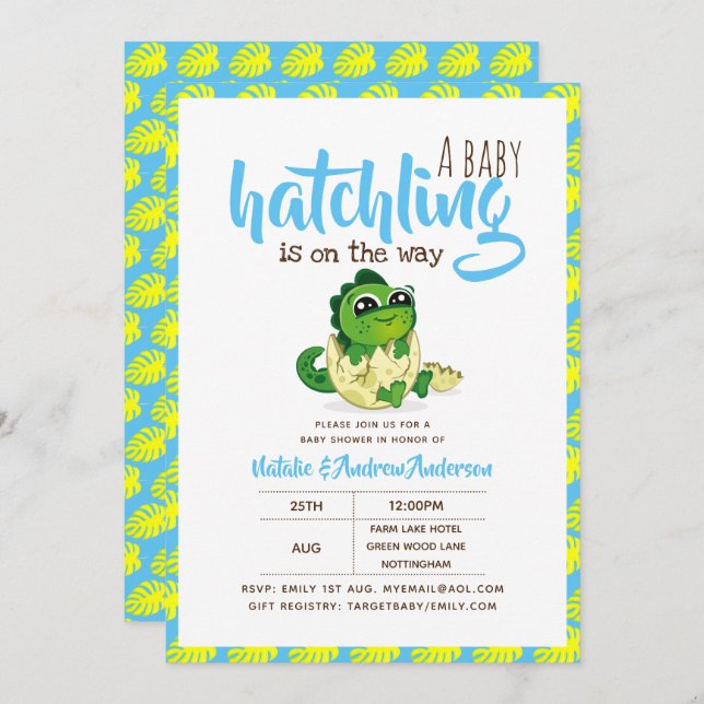 Invitation Un Bébé Hatchling Est Sur Le Chemin Dinosaur Cute  (Devant / Derrière)