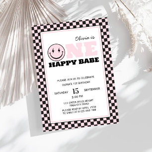 Invitation Un Bébé heureux Retro Girl premier anniversaire
