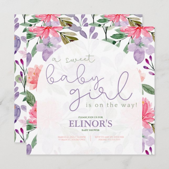 Invitation Un bébé mauve et rose Baby shower floral (Devant / Derrière)