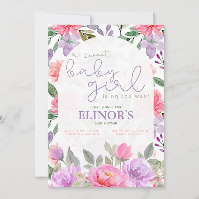 Invitation Un bébé mauve et rose Baby shower floral (Devant)