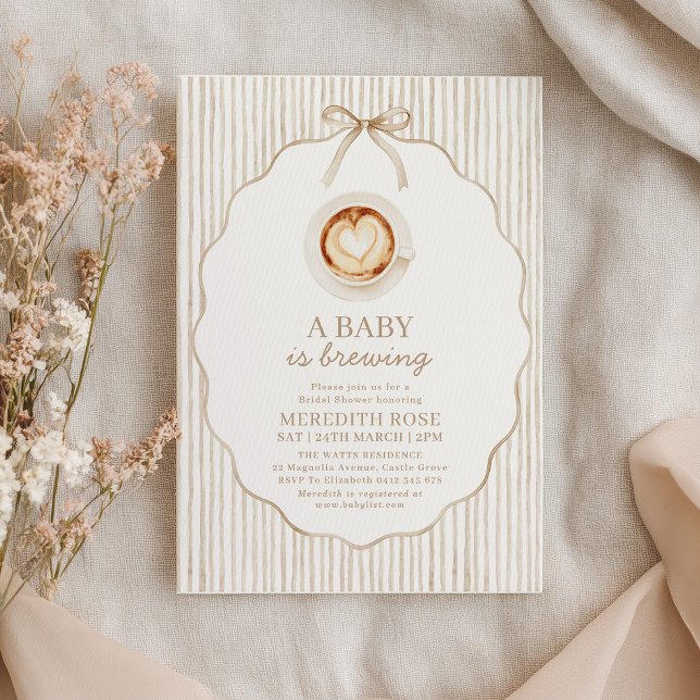 Invitation Un bébé prépare du café Baby Shower Rayure marron (A Baby is Brewing! Coffee Baby Shower Invitation)