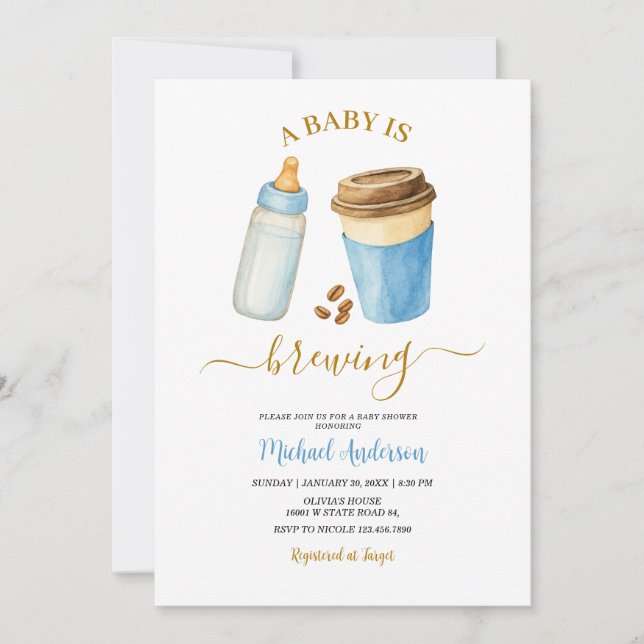Invitation Un bébé prépare du café Garçon Bleu Baby Shower (Devant)