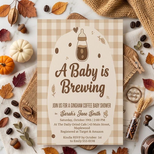 Invitation Un bébé prépare du café Gingham Neutre du point de (Créateur téléchargé)
