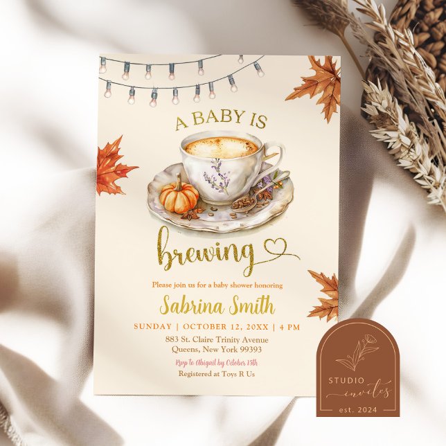 Invitation Un bébé prépare un café Fête de bébé avec feuilles (Créateur téléchargé)