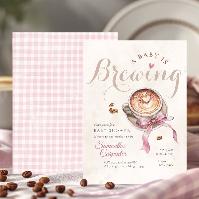 Invitation Un bébé prépare un café ruban rose bébé shower (Créateur téléchargé)