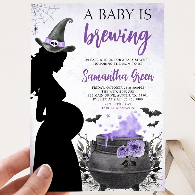 Invitation Un bébé se prépare Fête de bébé Halloween violette (Créateur téléchargé)