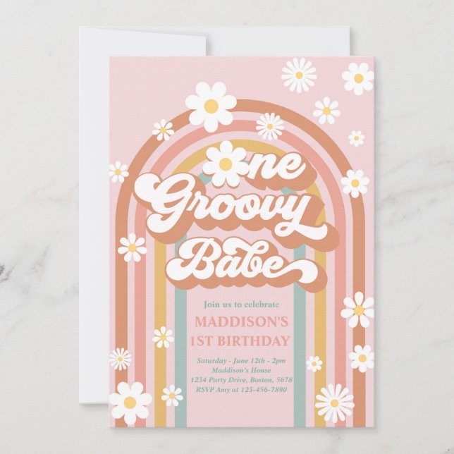 Invitation Un bébé Super Boho Daisy Rainbow 1er anniversaire (Devant)