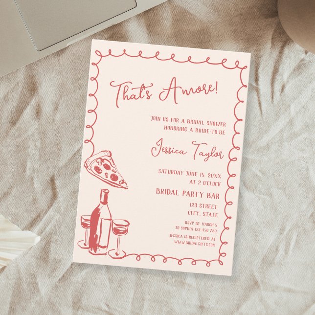 Invitation Un brunch nuptial à main rouge qui est plus (red hand drawn wine bottle and pizza slice bridal shower invitation)
