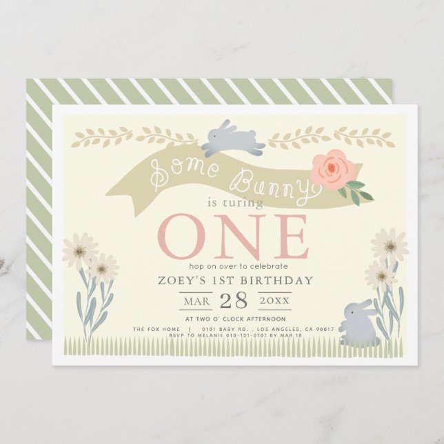 Invitation Un Bunny Pastel Jaune 1er Anniversaire (Devant / Derrière)