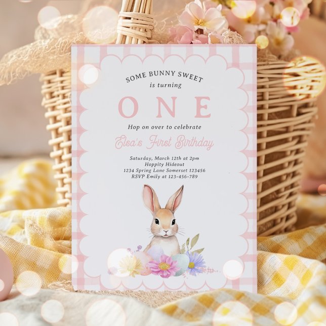 Invitation Un Bunny Pastel Printemps rose En vichy 1er Annive (Créateur téléchargé)