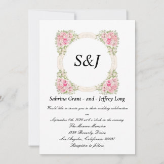Invitation Un cadre avec des fleurs roses Mariage Monogramme
