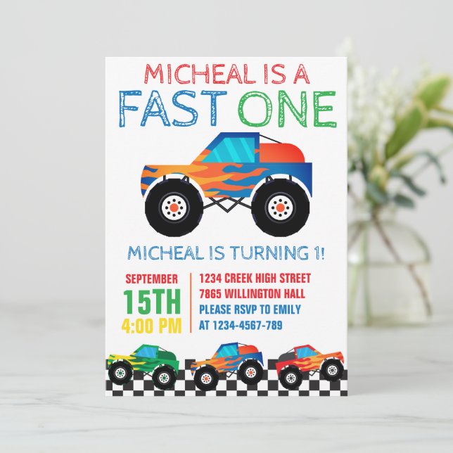 Invitation Un Camion Monster Fast Premier Anniversaire (Debout devant)
