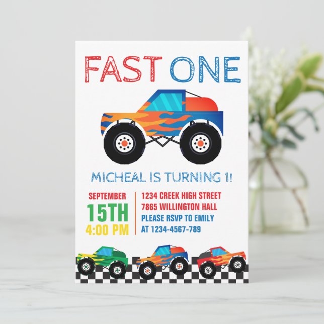Invitation Un Camion Monster Fast Premier Anniversaire (Debout devant)