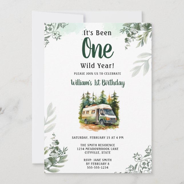 Invitation Un Camper Mountain Forest 1er anniversaire (Devant)