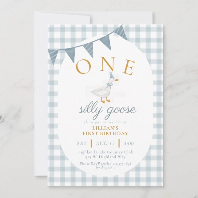 Invitation UN Canard Fou Gingham Bleu Daisy Premier Anniversa (Devant)