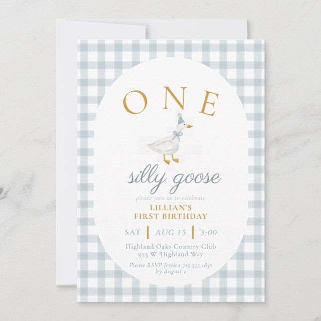 Invitation UN Canard Silly Bleu Gingham Daisy Premier Anniver (Devant)