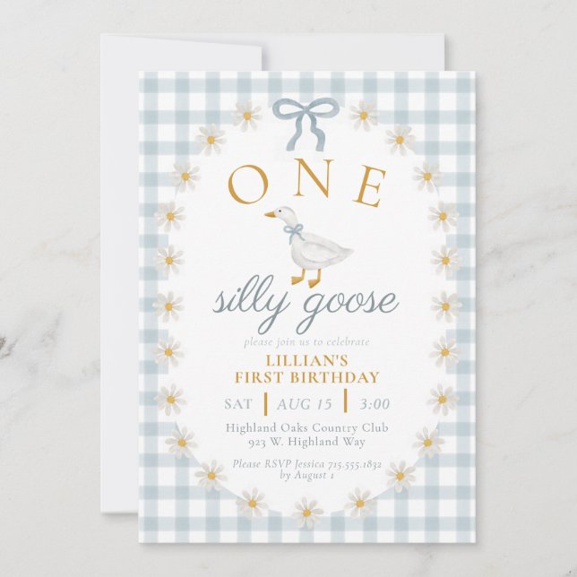 Invitation UN Canard Silly Bleu Gingham Daisy Premier Anniver (Devant)