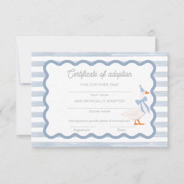 Invitation Un certificat d'adoption d'une peluche "Une Oie Ri (Devant)