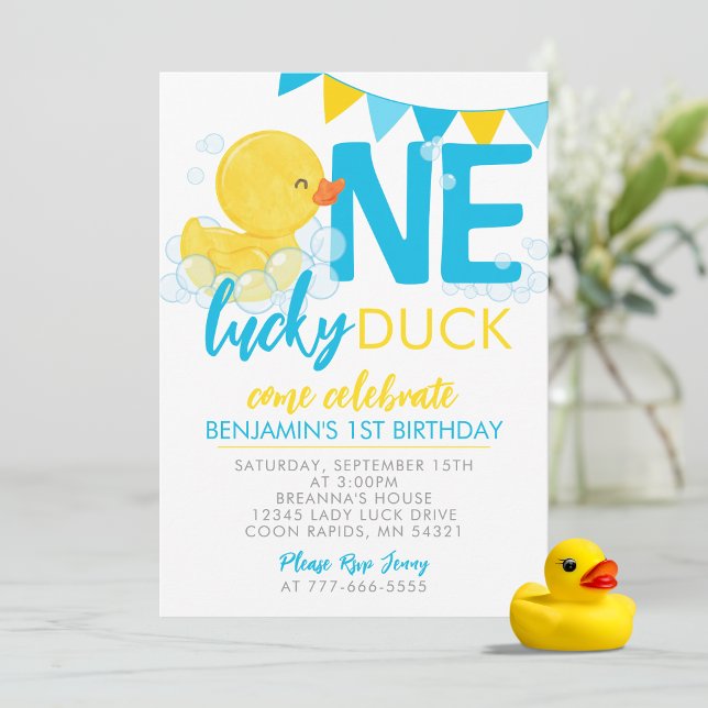 Invitation Un chanceux canard d'aquarelle en caoutchouc canar (Watercolor One Lucky Duck Birthday Invitations. Available Printed or Digital Download)