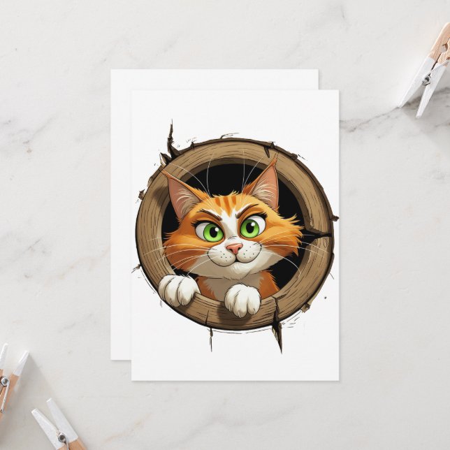 Invitation Un chat de dessin animé avec des yeux verts brilla (Devant/Arrière en situation)