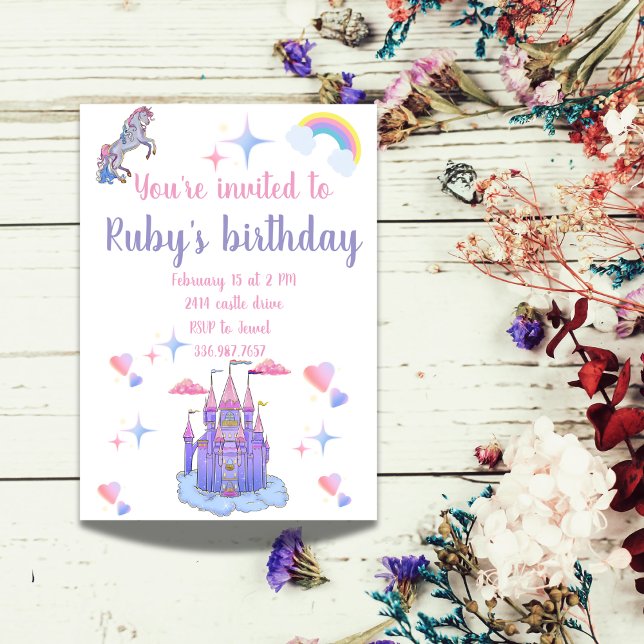Invitation Un château de conte de fées rose et violet et une  (Créateur téléchargé)