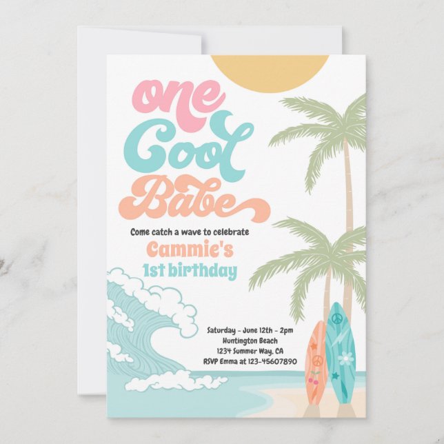 Invitation Un Cool Babe Retro Surf 1er fête d'anniversaire (Devant)