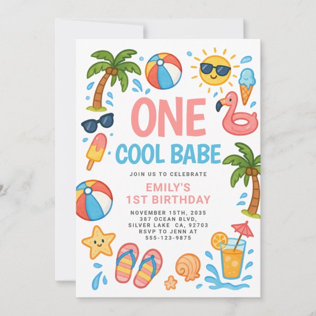 Invitation Un Cool Babe Tropical 1ère fête d'anniversaire (Devant)