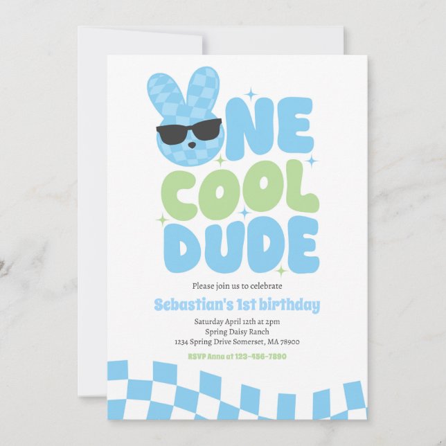 Invitation Un Cool Dude Boy Spring Bunny 1er fête d'anniversa (Devant)