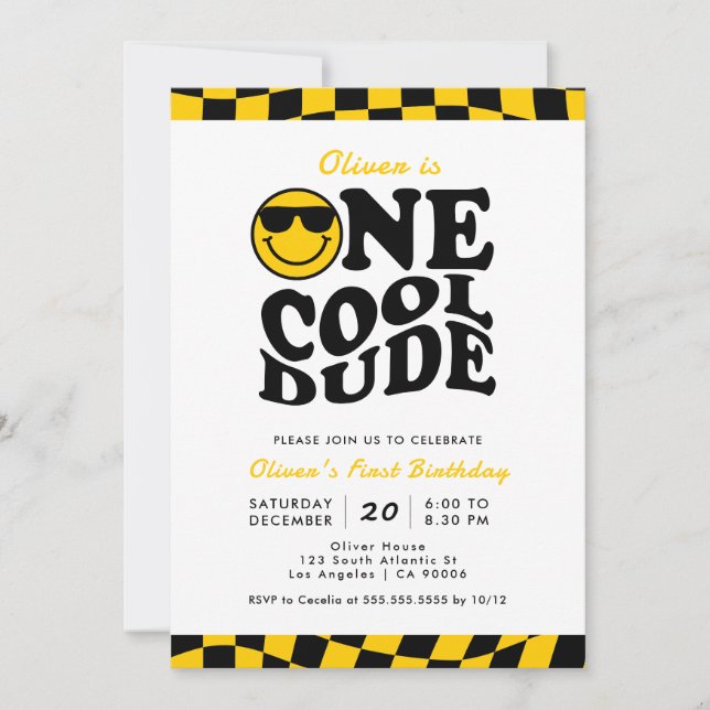 Invitation Un Cool Dude Jaune Wavy Smile Face 1er anniversair (Devant)