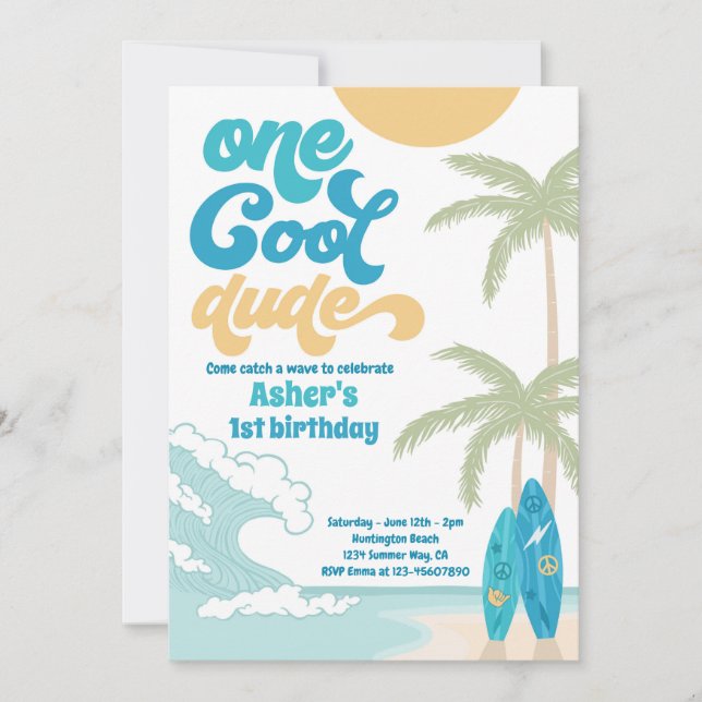 Invitation Un Cool Dude Retro Surf 1er anniversaire (Devant)