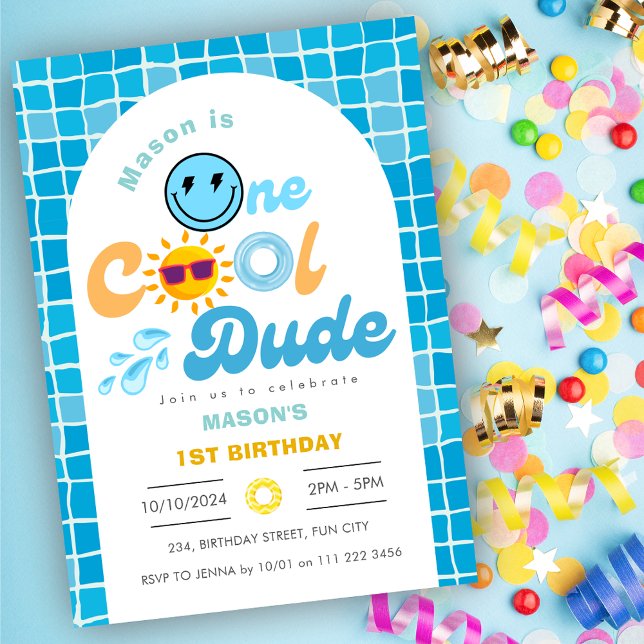 Invitation Un Cool Dude Summer Pool Party 1er anniversaire (One Cool Dude Summer Pool Party 1st Birthday Invitation)