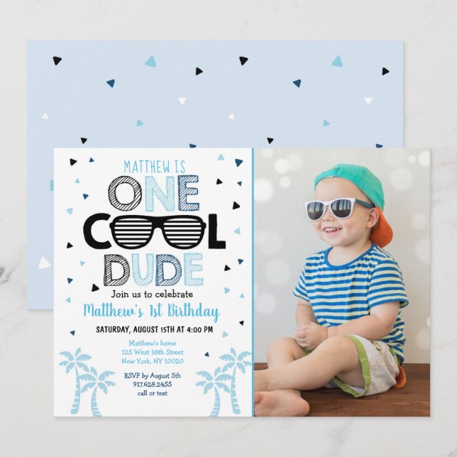 Invitation Un Cool Dude Sunglass Boy Premier anniversaire (Devant / Derrière)